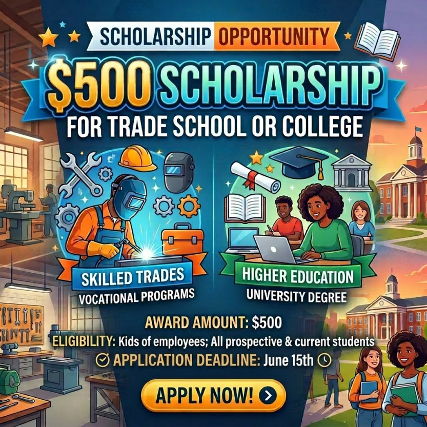 $500 scholarship opportunity for trade school or college students with skilled trades and higher education options